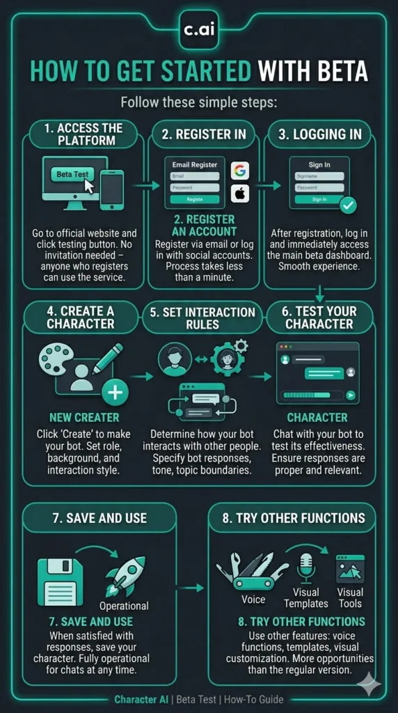Character AI 2026: Free Chat, Features & How It Works 3 Infographics of How to Get Started with Beta